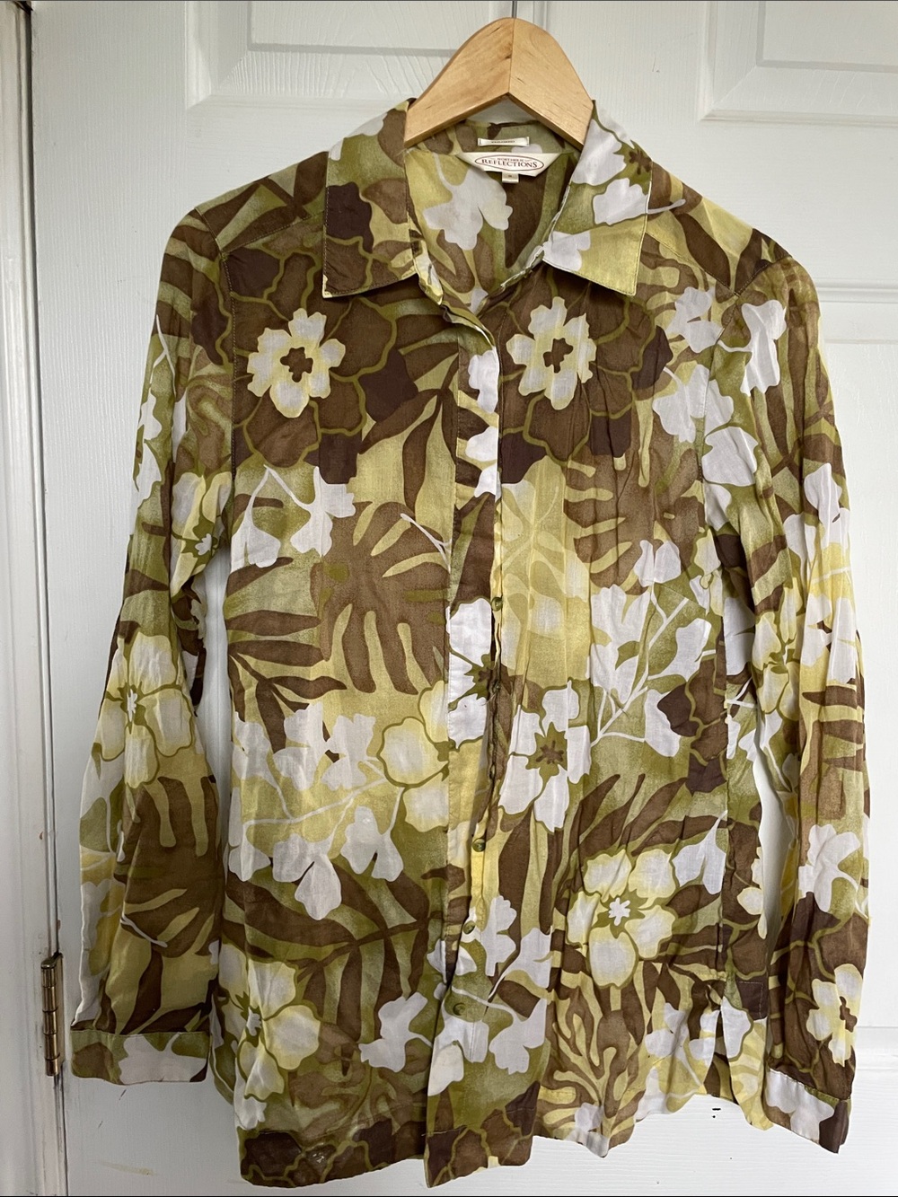 Northern Reflections Olive, Brown & White Floral Button-Up Blouse
